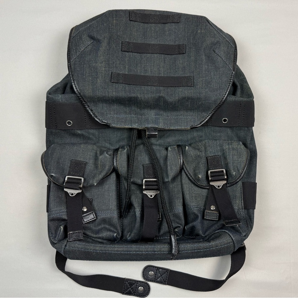 Diesel Waxed Denim De Breaking Backpack Dark Blue/Black Metal Buckles